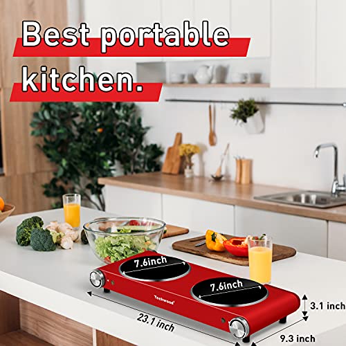 Hot Plate, Techwood 1800W Dual Electric Stoves, Countertop Stove Double Burner for Cooking, Infrared Ceramic Hot Plates Double Cooktop, Red, Brushed Stainless Steel Easy To Clean Upgraded Version, Red - color: Red, size: Red Double Burner