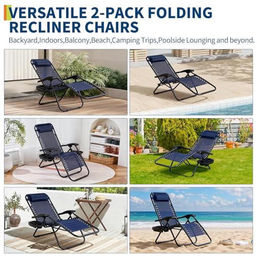 Garvee Outdoor Reclining Lounge Chair Set of 2 with Cup Holder & Padded Headrest, Adjustable Patio Folding Chairs, Heavy Duty Portable Camping Lawn Chairs for Pool, Backyard, Beach, Deck Blue - color: #Blue