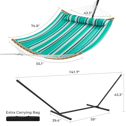 SUPERJARE Hammock with Stand, 2 Person Heavy Duty Hammock with Padded Cotton, Detachable Pillow & Strong Curved-Bar & Portable Carrying Bag, Perfect for Outdoor & Indoor, Mint Green with Stripes - color: Mint Green With Stripes