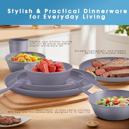 40 Piece Plastic Dinnerware Set for 8 with Cutlery, Unbreakable Plates and Bowls Set, Dishwasher & Microwave Safe Reusable Dish Set for Camping, RV, Outdoor Kitchen, Apartment Dining, Gray - color: Gray