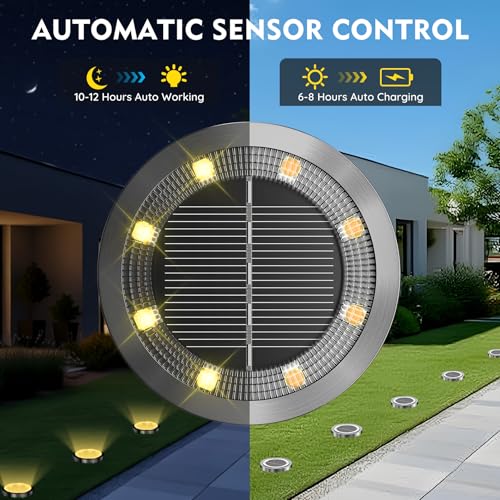 Solar Ground Lights Outdoor, 12 Pack Solar Lights Outdoor Waterproof, Mini Flat Solar-Powered Garden Light, Landscape Lighting for Garden Yard Lawn Pathway Walkway Driveway Backyard Decor, Warm White - color: Warm White, size: 12 Packs