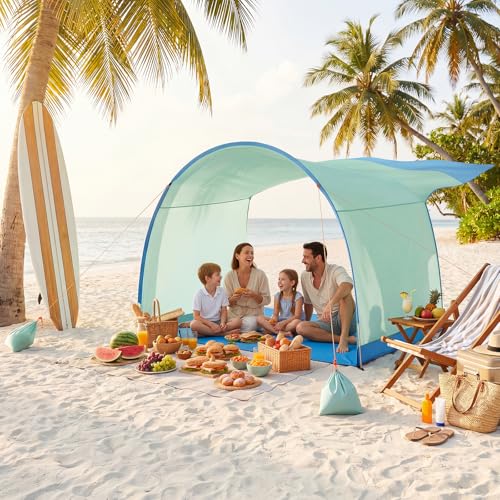Beach Shelter, Wind-Powered Beach Tent Sun Shelter with UPF50+ UV Protection, Lightweight & Portable Easy Setup Beach Canopy Sun Shade Tent for Family Outdoor Beach Camping & Picnic - color: Ocean Blue & Fresh Green