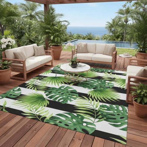Outdoor Rug Waterproof 2x6 Tropical Plant Monstera Striped Outside Area Rugs for Patio Deck Porch Balcony Garden Black White Green Coastal Boho Reversible Poolside Backyard RV Outdoor Carpet - color: A, size: 2x6