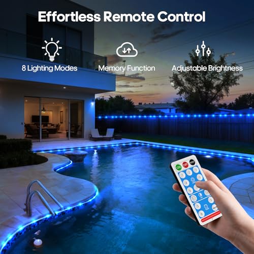 ICRGB Solar Pool Lights for Above Ground, 66FT 200LED 1800mAh Solar Rope Lights Outdoor, IP67 Waterproof Blue String Light with Remote, 8 Modes & Timing, Pool Garden Patio Fence Walkway Christmas - color: Blue, size: 66FT