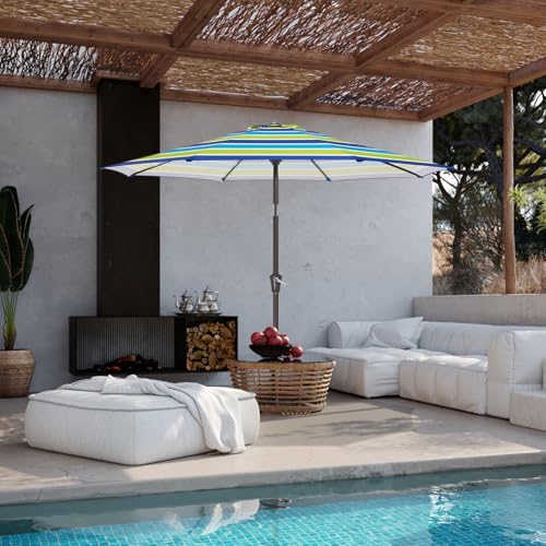 JEAREY 9' 2-Tiers Patio Umbrellas Outdoor Table Market Umbrella w/Push Button Tilt/Crank, 8 Sturdy Ribs, UV Protection Waterproof Sunproof(Blue Green Striped) - color: Blue Green Striped