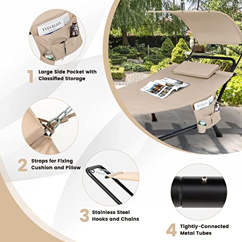 Tangkula Hammock with Stand Included, Heavy Duty Outdoor Hammock with Adjustable Canopy, Rustproof Metal Stand, Pillow, Storage Pocket, Hammock Bed with Stand for Backyard Lawn Poolside (Beige) - color: Beige