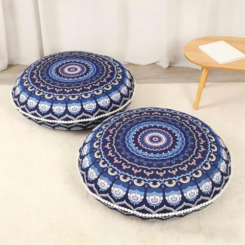 LOVMOC 32 Inch Round Floor Pillow for Adults Set of 2, Large Thick Memory Foam Boho Mandala Meditation Floor Seating Cushion, Machine Washable for Living Room Outdoor Yoga Floor Sitting, Navy Blue - color: Navy Blue, size: 2 Count (Pack of 1)