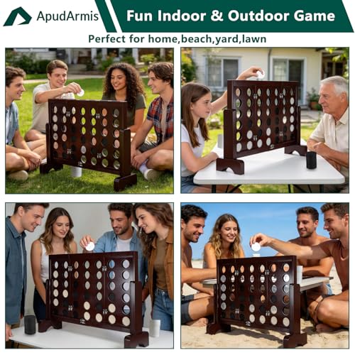 ApudArmis Wooden 4 in a Row Game, Classic Wooden 4-to-Score Game Set with Coins & Carrying Bag-Indoor Outdoor Games for Adults Family