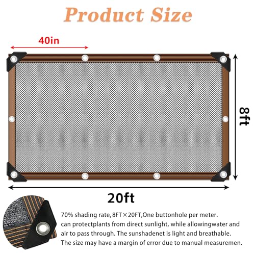 Shade Cloth - for Plants Greenhouse, 70% Sunblock Shade Sails -for Outdoor Garden Pergola Patio Lawn Pool Sun Shade Cloths for Kennel Chicken Coop Easier to Hang Plant Shade Net Cover - size: 8'x20'