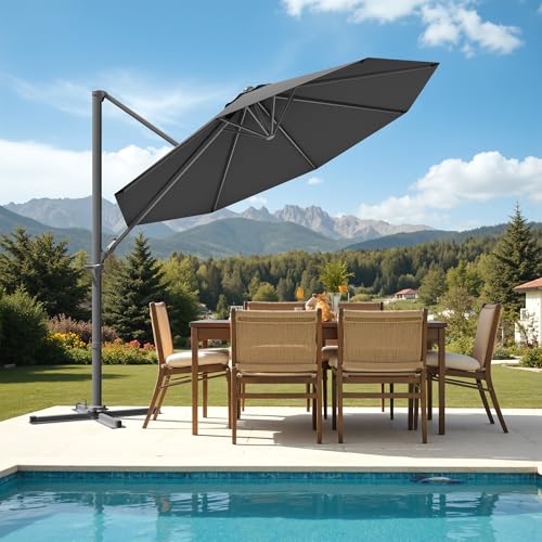 Patiowell 10 FT Patio Umbrella, Outdoor Cantilever Umbrella with 360 Degree Rotation & 5 Adjustable Tilt, Large Hanging Offset Round Sun Umbrella with Frame for Backyard Garden Poolside, Black - color: Black, size: 10 FT