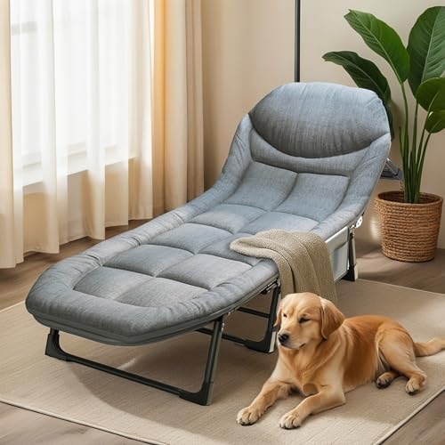 SnozeFlex Chaise Lounge Chair, Folding Cot, 6-Angle Adjustable Camping Cot with Mattress for Patio and Beach, Foldable Bed Portable Heavy Duty Lay Flat Reclining with Pillow (Grey, XL - 80")