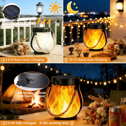 2 Pack Solar Lanterns Outdoor Waterproof, Flickering Flame Hanging Lanterns Decorative Outdoor with 2 Modes, Dual Charging USB & Solar-Powered Outdoors Lantern for Porch Yard Patio Tree Garden Decor - size: 2 Packs