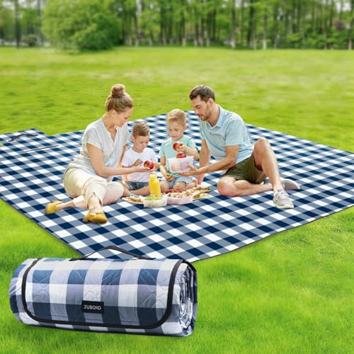 ZUBOND Large Picnic Blanket Outdoor Picnic Mat Waterproof Foldable 80''x80'', Beach Blanket Sandproof for LawnPark, Grass, Travel, Hiking, Camping Essentials, Vintage Gingham Picnic Blanket - color: Blue White, size: 80 x 80 Inch