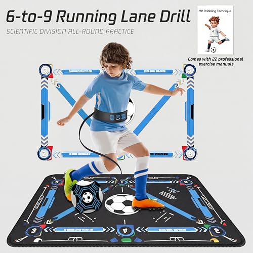 2F22E Soccer Training Mat for Kids & Youth, Non-Slip Silent Footwork Training Equipment with Soccer Bounce Trainer & Socks, Ball Mastery Skills Mat with Instructional Video for Indoor Practice - color: Blue