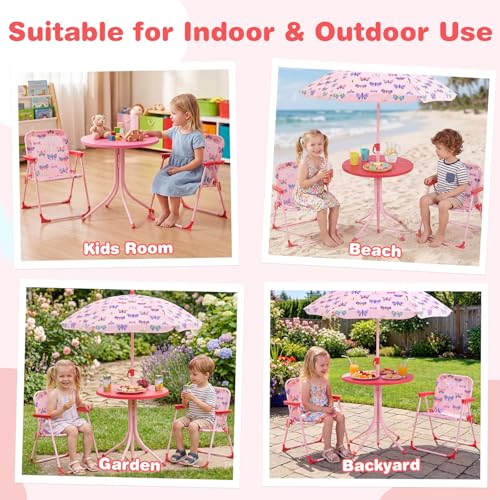KOTEK Kids Picnic Table with Umbrella, Outdoor Table & 2 Folding Chairs, Cute Pattern Children’s Patio Furniture, Portable Kids Table and Chair Set for Backyard, Garden, Beach (Pink Butterfly) - color: Pink Butterfly
