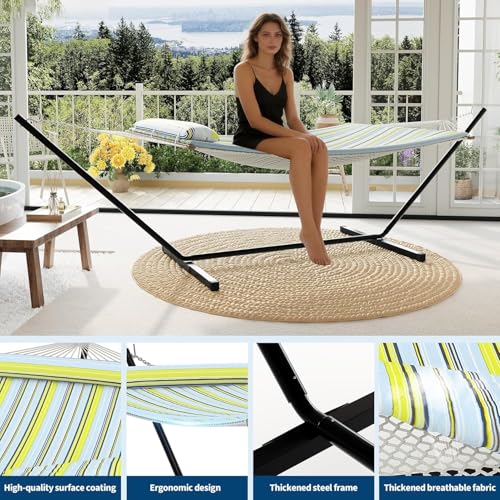 2 Person Outdoor Hammock with Stand, Person Cotton Rope Hammock with Polyester Pad, Portable Hammock with Carrying Bag, for Patio, Garden, Beach, Backyard Camping - color: Blue