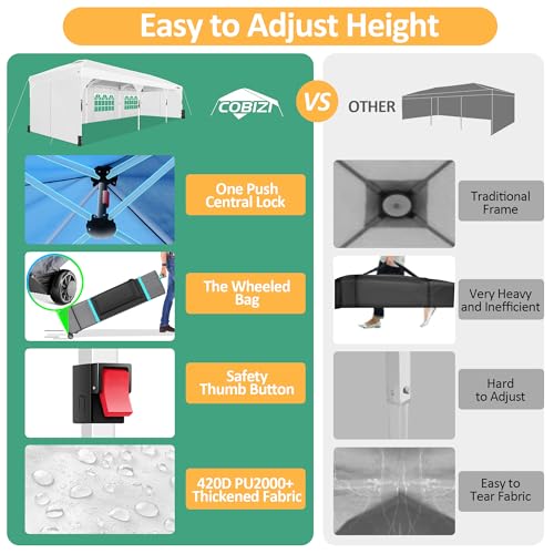 COBIZI 10x30 Pop Up Canopy Tent with Patented Center-Lock, Easy Setup Party Tent with 5 Removable Sidewalls, Wheeled Bag, Ventilated Top, for Wedding Backyard Event, White - color: White, size: 10x30ft With 5 Sidewalls