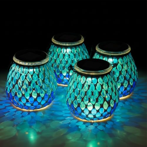 Starsoul 4 Pack Solar Lanterns Outdoor Waterproof, Elegant Blue Glass Mosaic Solar Lantern, Solar Hanging Lights Outside Patio Porch Yard Decor - color: Navy-4PC