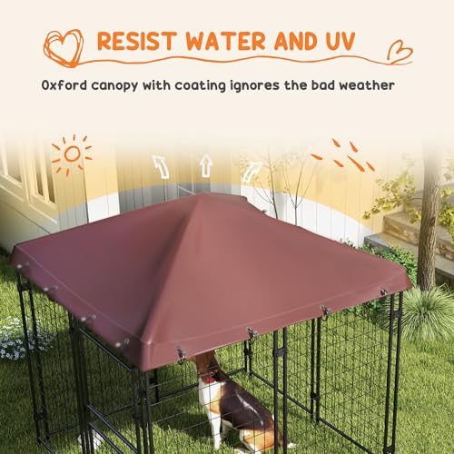 PawHut 4.6' x 4.6' x 5' Dog Kennel Outdoor with Waterproof Cover, Dog Playpen for Small and Medium-Sized Breeds, Chickens, Ducks, with Two Part Door Design, Brown