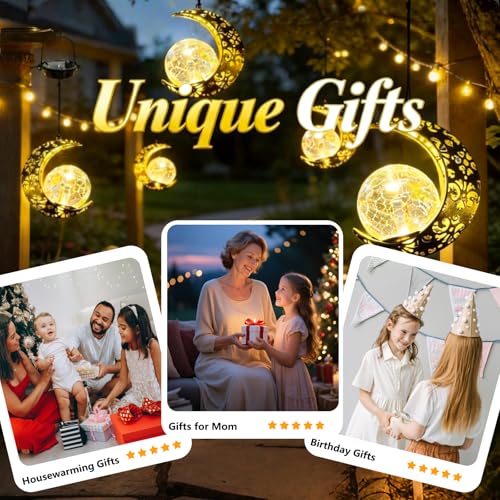 Hanging Solar Lights Outdoor Lanterns Garden Decorations, 2 Pack Moon Lights with Cracked Glass Globes Outside Decor for Backyard Balcony Patio Tree ,Unique Mother's Day Gifts for Women Mom