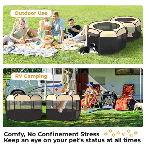 2-in-1 XLarge Pop Up Dog Cat Playpen, Detachable into 2 Separate Pens, Assembly-Free Portable Puppy House Collapsible Crates Pet Pen Tent Kennel Kitten Enclosure Cage Indoor Outdoor Foldable(L) - color: Beige, size: L, 83.5"L x 41.4"W x 32.3"H
