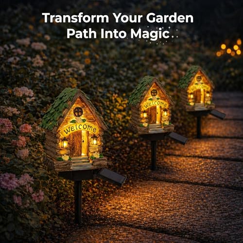 Solar Fairy House Lights Outdoor, 2 Pack Waterproof Decorative Garden Pathway Lights, Hand-Painted Resin Cottage Garden Decor for Yard Lawn Patio, Unique Gift for Women Garden Lovers - style: Modern