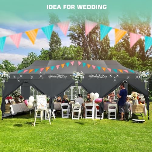 COBIZI 10x30 Pop Up Canopy Tent Heavy Duty with 8 Removable Sidewalls, Commercial Portable Tents for Parties Ez Up Canopy All-Weather Windproof & Waterproof and UPF 80+ Wedding Tent - color: Gray, size: 10x30FT