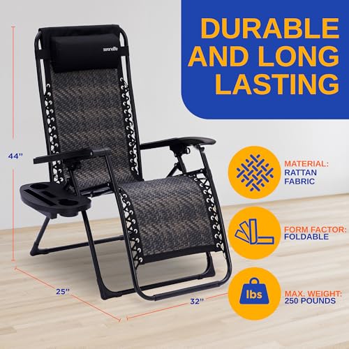 SereneLife Outdoor Adjustable Foldable Zero Gravity Lawn Chair – Weather-Resistant Rattan Recliner with Lockable Position, Detachable Side Table & Cup Holder, 265 lbs Capacity, Patio & Camping - color: Black