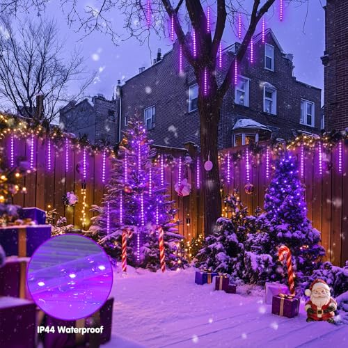 JMEXSUS Solar Christmas Lights Outdoor, 8 Tube 144 LEDs Solar Meteor Shower Lights, Purple Christmas Light for Tree Fence Eaves Patio Yard Holiday Party Decor - color: Purple, size: 1*144LED