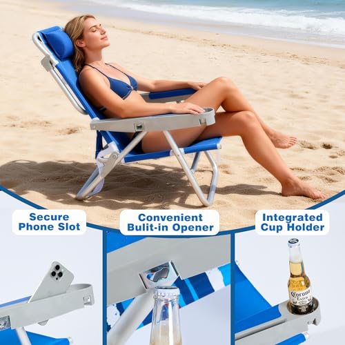 SUNNYFEEL Extra Wide 28" Low Beach Chair 2 Pack 5 Position Lay Flat, XL Oversized Portable Folding Camping Chairs with Cup Holder for Outdoor/Trip, Foldable Backpack Beach Chair for Adults - color: Navy Blue, size: 2-PACK