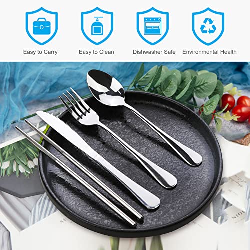 10PCS Portable Silverware Set with Case, Lengnoyp Travel Camping Utensils Set, Premium Stainless Steel Travel Cutlery Set, Reusable Safe Flatware Sets for Lunch Box/Workplace/Students, Silver - color: Thick 10 PCS