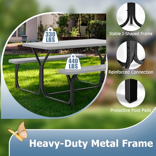 Moccha Picnic Table Bench Set - Portable Plastic Picnic Table w/Steel Frame & Wood-Like Texture, All Weather Heavy Duty Picnic Table Kit, Picnic Tables for Outdoors Garden Patio Party Dining (Grey) - color: Grey
