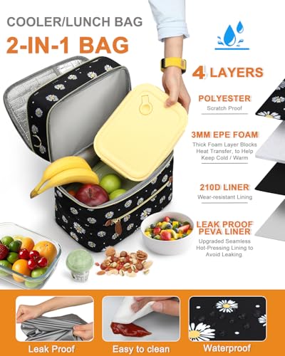 Capolo Lunch Box for Women Men Adults,Double Deck Insulated Lunch Bag Leakproof Lunch Cooler Box with Removable Strap Lunch Tote Bags Reusable Thermal Lunchbox for Work Picnic(Large,Black Flower) - color: Black Flower, size: Large