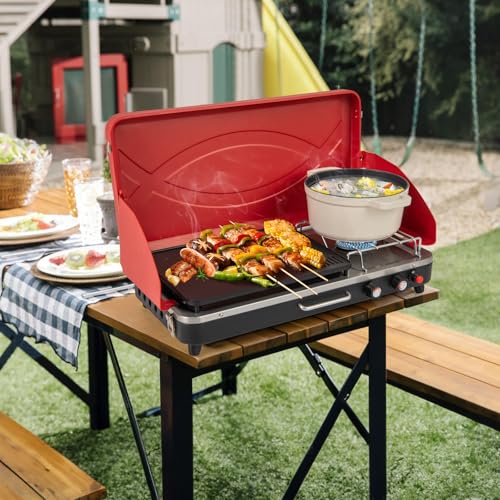 Giantex Portable Propane Grill & Camping Stove, 20,000 BTU Gas Camping Grill Burner, Independent Temperature Control, 3-Sided Wind Guard, Detachable Legs, for BBQ, Tailgating, Outdoor Cooking (Red) - color: Red