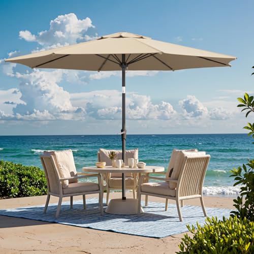 Outdoor Patio Umbrella with One Push Button Tilt and Crank, 8 Sturdy Ribs Market Table Umbrella - color: Beige-Fiberglass Ribs, size: 10FT