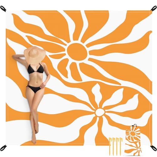 110''×118'' Waterproof Sandproof Beach Blanket 8 Adults, Sand Free Boho Sun Outdoor Beach Mat with 4 Stakes, Extra Large Compact Picnic Pockets Blanket Essential for Travel, Camping, Summer Vocation - color: Sun Quicksand, size: 9x10 FT (1～8 person)