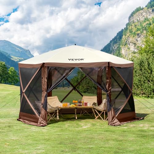 VEVOR Pop Up Gazebo Screen Tent 6 Sided Canopy Sun Shelter with 6 Removable Privacy Wind Cloths & Mesh Windows, 12.5x12.5FT Quick Set Screen Tent with Mosquito Netting, Brown - color: Brown, size: 12.5x12.5ft