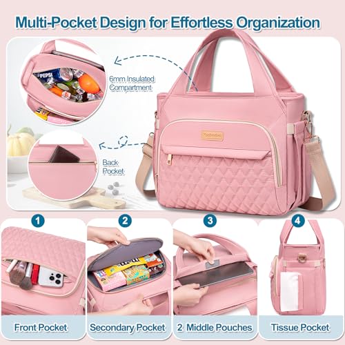 Lunch Bag Lunch Box Women - Insulated Lunch Tote Bag for Women Men, Leakproof Large Womens Lunch Bags for Work, Lunch Cooler Bag for Adult with Side Pocket for Picnic, Hiking, Beach (Pink) - color: Pink