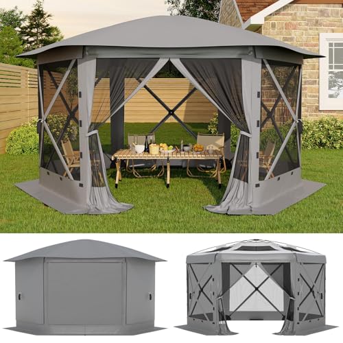 GarveeLife 13x13FT 6-Sided Pop Up Gazebo Tent，One-Push Setup Canopy Tent with Removable Canopy Top & Wind Cloths, Outdoor shelter for Camping, Backyard Parties, Outdoor Events - Grey - color: Gray, size: Removable Top - 13ft