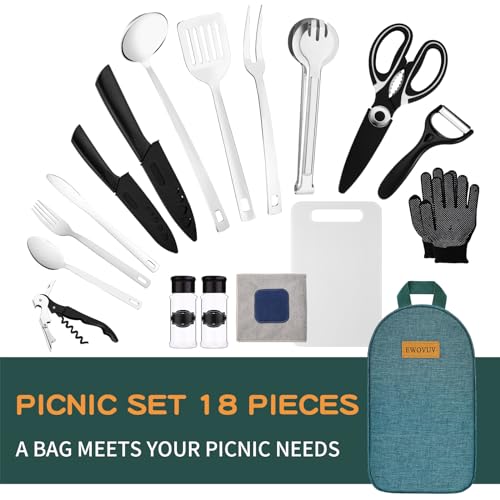 Camping Cooking Utensils Set- Camping Essentials Cookware Accessories Gear Must Haves Camper Tent Camp Kitchen Rv Gadgets Outdoor Stove Portable Picnic Gifts for Women BBQ Stuff - color: Green