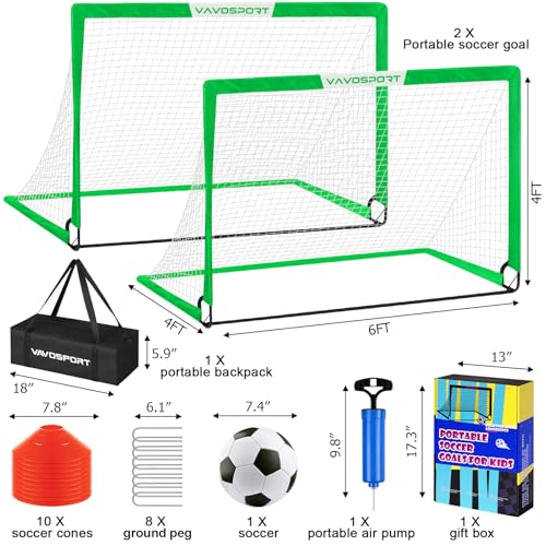 VAVOSPORT Soccer Goal, 2 of 6'x4' Kids Soccer Goals for Backyard Set, Portable Pop Up Soccer Net, Practice Soccer Training Equipment with Ball, Cones for Toddler,Youth Sports Outdoor Games Yard Play - color: Green