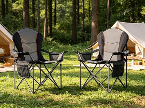Folding Camping Chairs for Adults - High Back Padded Outdoor Lawn Chairs with Lumbar Support & Cup Holder, Black & Gray,2PCS XL - color: Black & Gray, size: 2 PCS-23.6"