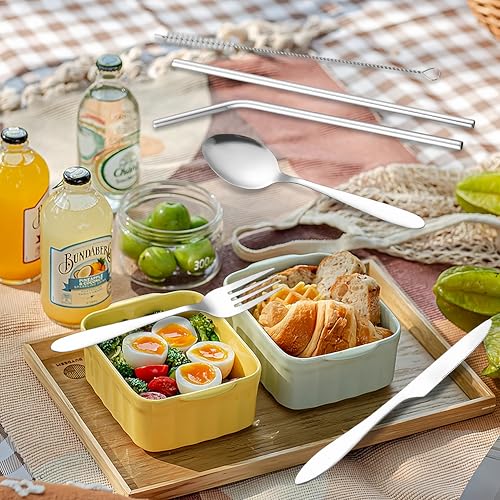 7pcs Travel Utensils with Case,Portable Silverware Set for Work, Stainless Steel Reusable Travel Cutlery Set, Fork and Spoon Set for Camping, Picnic, Gadgets, Lunch Box for Men, Black - color: Silver