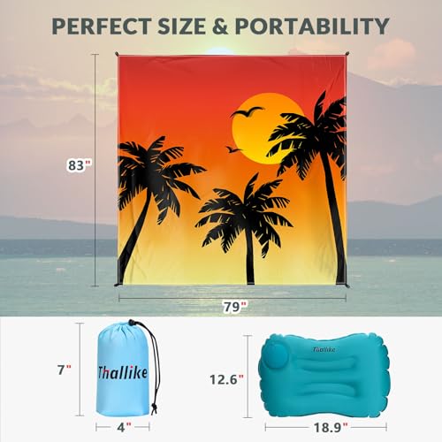Beach Blanket, Waterproof Sandproof Beach Mat with Stakes and Inflatable Camping Pillow, 79" X 83" Quick Drying Lightweight & Durable Outdoor Picnic Mat with 4 Corner Pockets for Beach Camping - color: Coconut Tree