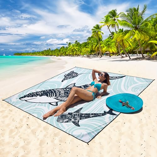 HIHOHO Beach Blanket Waterproof Sandproof Beach Mat 79”x 83” for 1-8 Adults Quick Drying Durable Outdoor Picnic Mat for Beach Festival Travel Camping Hiking (Shark, 79"×83"(4 Person)) - color: Bl-shark, size: 6'11" x 6'7"