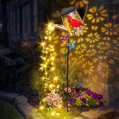 Solar Watering Can with Lights Outdoor Garden, 41in Large Red Cardinal Garden Stake Lights, Waterproof Decoration for Yard Lawn Pathway, Gifts for Mom Grandma Women Birthday Gardening Gift - color: Cardinal-Red