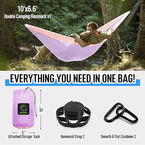 Grassman Camping Hammock Double & Single Portable Hammock with Tree Straps, Lightweight Nylon Parachute Hammocks Camping Accessories Gear for Indoor Outdoor Backpacking, Travel, Hiking, Beach - color: Purple & Pink, size: Two Person