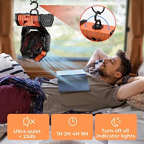 Camping Fan - 20000mAh Battery Powered Fan Rechargeable with LED Lantern - Portable Outdoor Tent Fans with Hanging Hook 4 Speeds Wind Remote Control, Black and Orange - color: Black and Orange