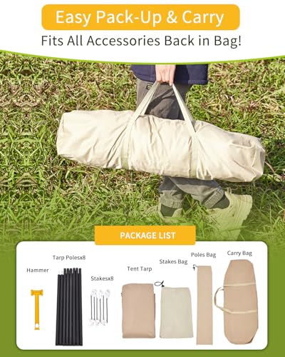 Camping Tarp with Poles, No Rope Tying 2-Step Setup, 11x18FT Waterproof 10-12 Person Tarp Shelter, 22ft² 2.6m Height 210D Oxford Family SUV Park Beach Outdoor Sun Shelter, Beige - color: Beige
