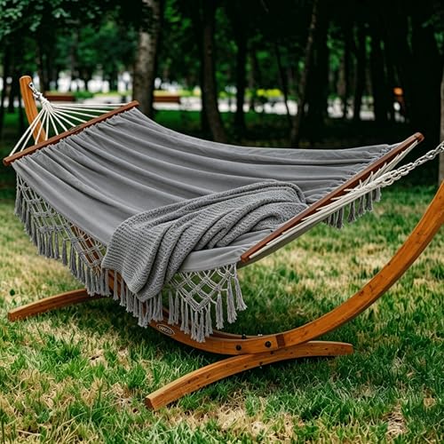 Lazy Daze Hammocks 2 Person Cotton Fabric Hammock with Spreader Bars and 10.5 FT Wood Arc Hammock Stand, Double Hammock with Wood Stand, for Outdoor, Indoor, Patio, Backyard, Dark Gray - color: Dark Gray